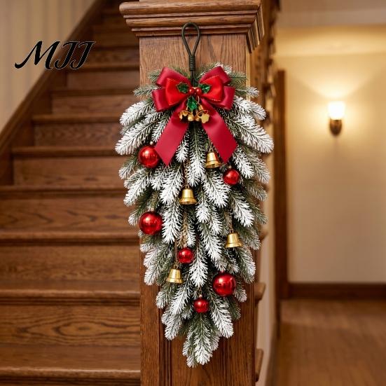 Faux Botanicals for Office Table Teardrop Swag with Red Bow Bells Ornaments, Frosted Artificial Pine Hanging Fake Floral Arrangements Home Decor
