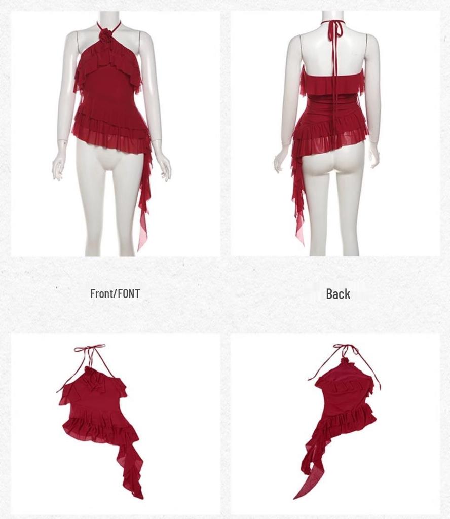 Chic 3D Rose Halter Crop Top - Women's Ruffled Irregular Summer Style