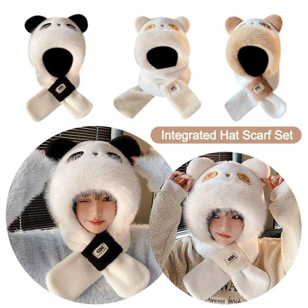 Casual Plush Winter Warm Hat Windproof Cartoon Panda Ear Protection Hat Neck Warmer Thickened Beanies Cap for Women Girls