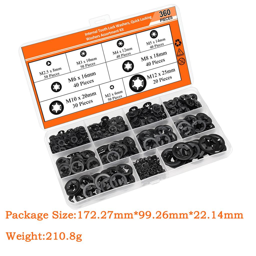 360Pcs Quick Speed Locking Washers Assortment Kits Internal Tooth Star Lock Washers Replacement Push On Locking Washer