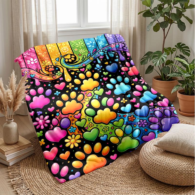 Rainbow Gemstone Paw Prints Theme blanket Lightweight Warm Flannel Blanket Decorative Throw Blanket for Home Decoration