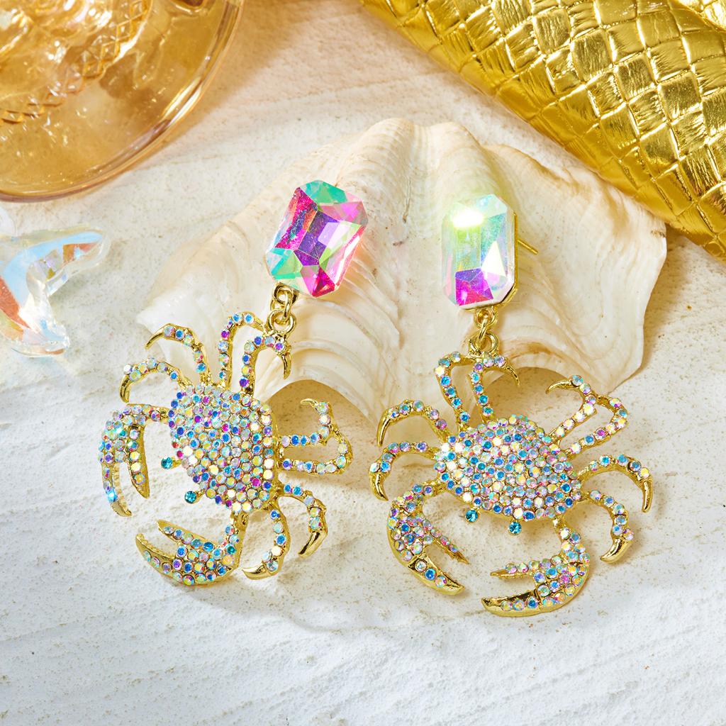 Quirky Glam Statement Crab Earrings for Women Maximalist Funky Animal Drop Pave Rhinestone Camp Aesthetic Summer Beach Jewelry