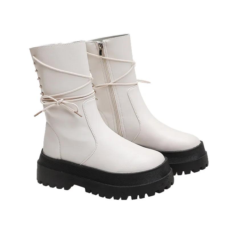 Women Boots  New Leather Thick-soled 6 Boots Women's Short Boots Side Zipper Rider Boots Back Lace Mid-tube Boots