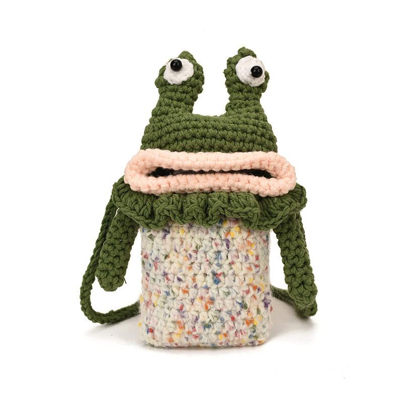 Childrens Green Cotton Knit Frog Mini Crossbody Bag With Soft Structure For Daily Activities