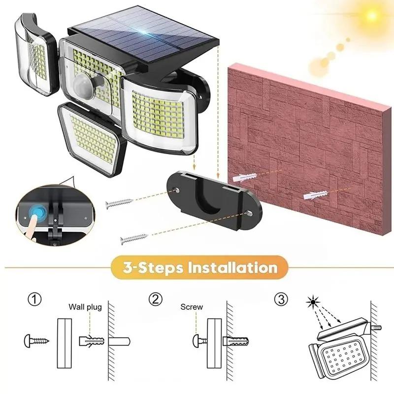 278LED Solar Lights 4 Head Adjustable with 3 Lighting Modes IP65 Waterproof Solar Lights Outdoor Garden Security Lights