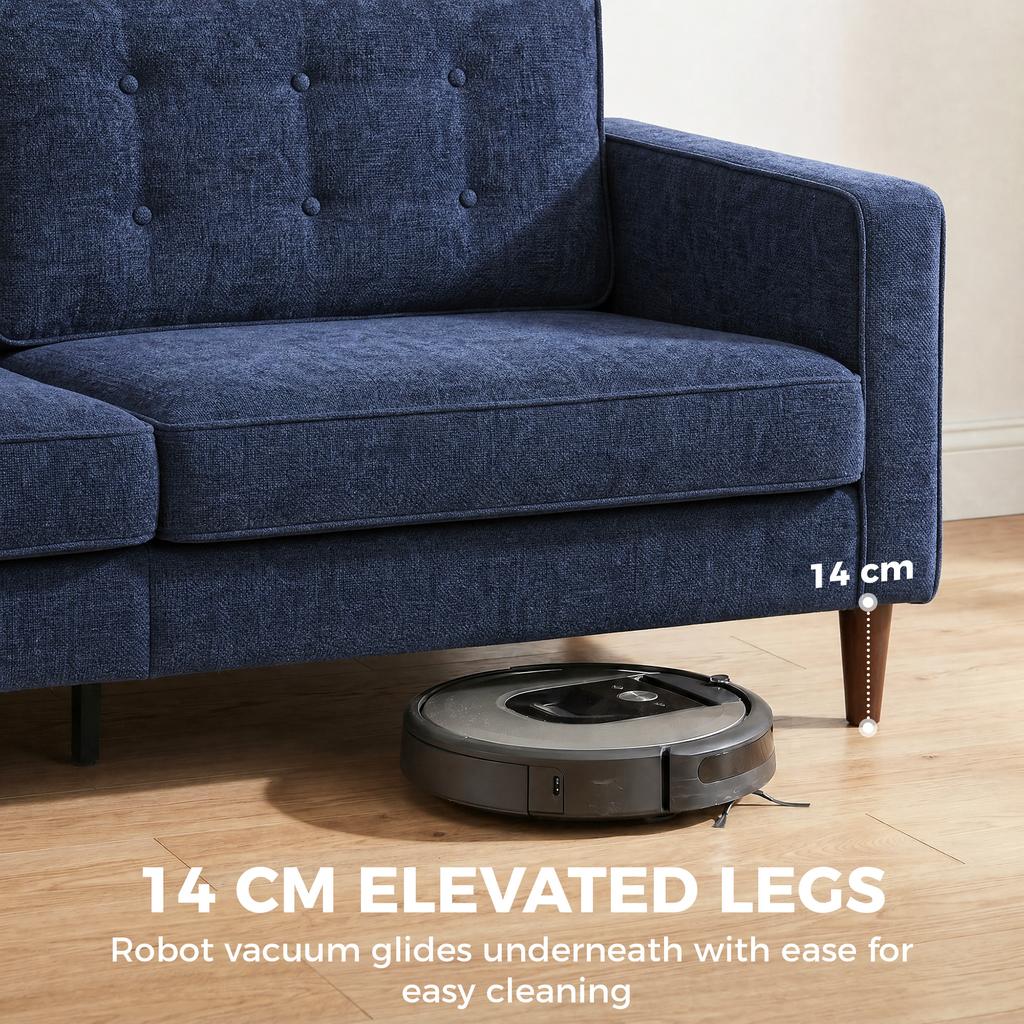 3 Seater Sofa Button Tufted Upholstered Velvet Couch with Wood Legs for Living Room, Dark Blue