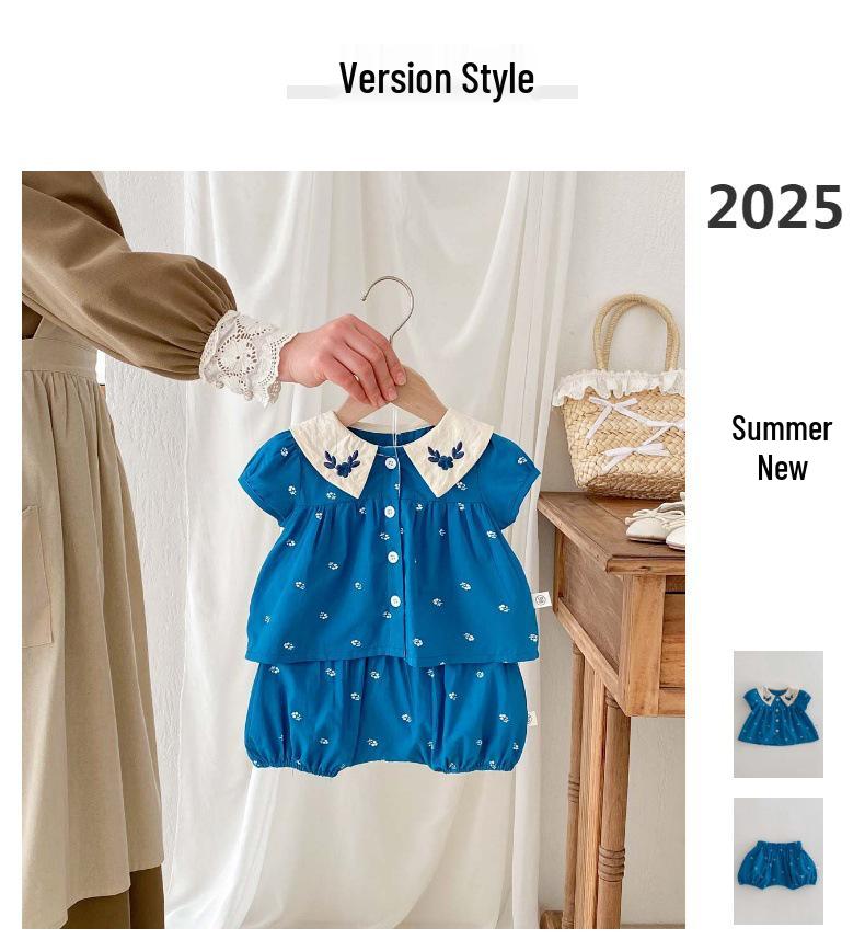 Summer Floral Embroidered Baby Girl Set with Peter Pan Collar and Bubble Sleeves