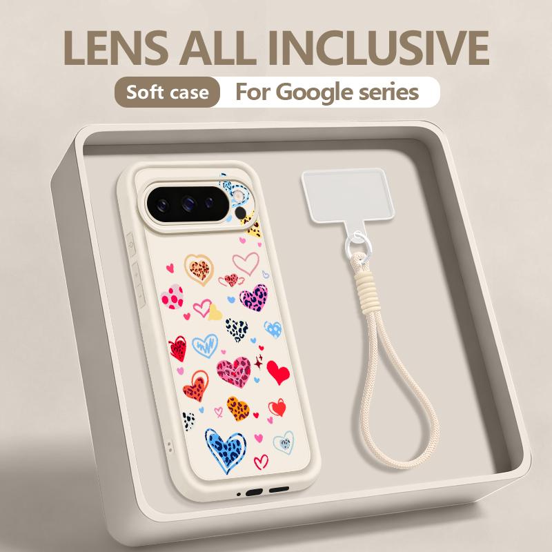 Colorful Love Heart Printed Case For Google Pixel 10 8 7 Pro 9A 8A Pixel 9 10 Pro XL Wrist Strap Lanyard Soft TPU Phone Cover