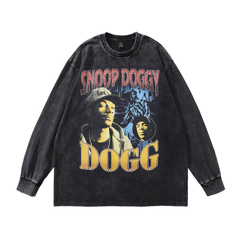 Trendy Brand Men'S T-Shirt American Hip Hop Vintage Retro Washed Pure Cotton Youth Loose Long-Sleeved T-Shirt Men