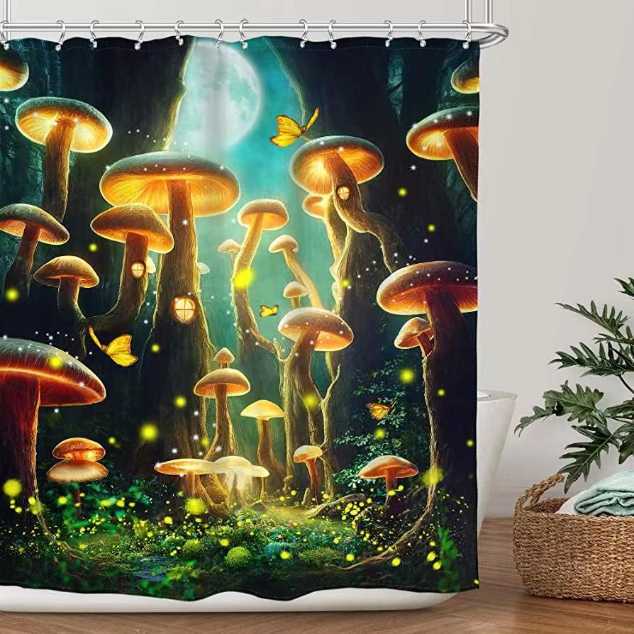 Fantasy Forest Shower Curtain Set Mystery Fairy Forest  Mushroom Flower Plant Home Bathroom Decor Curtains  Bath Accessory Set