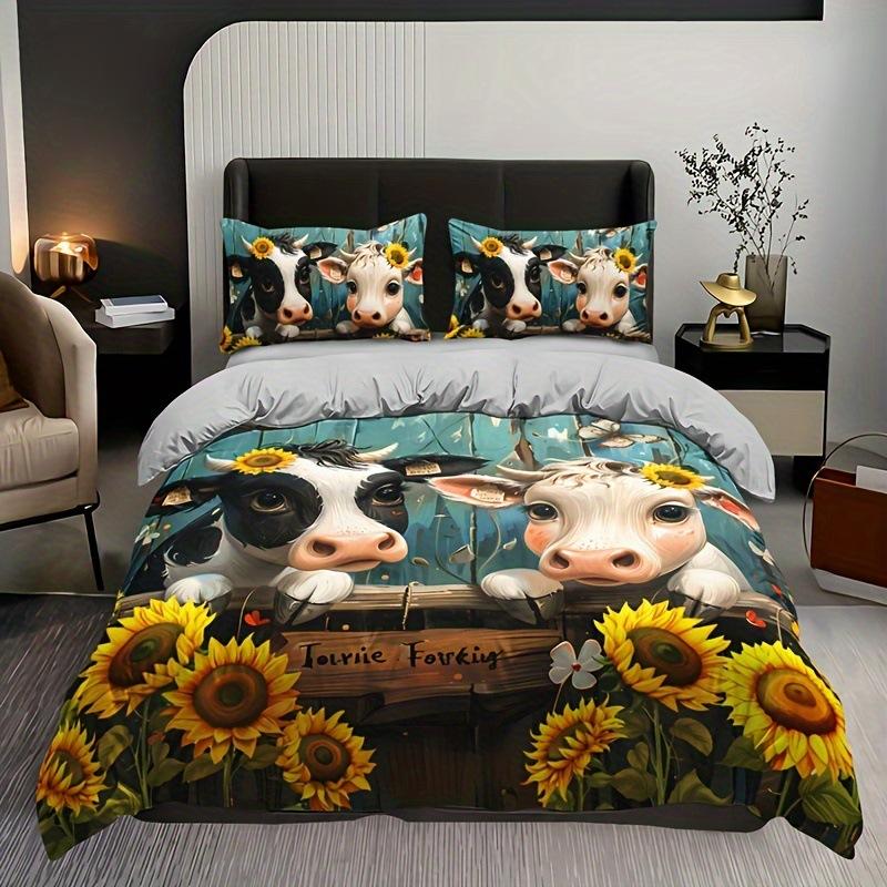 Farm Cow Duvet Cover Three-Piece Sunflower Quilt Cover Cute Cow Bedding Set