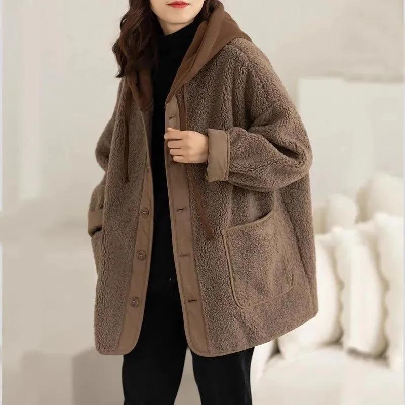 plus Size Women's Retro Lamb Fur ort Coat Winter Thiened Sli Casual All-match Hooded Coat Korean Sle Long Sve