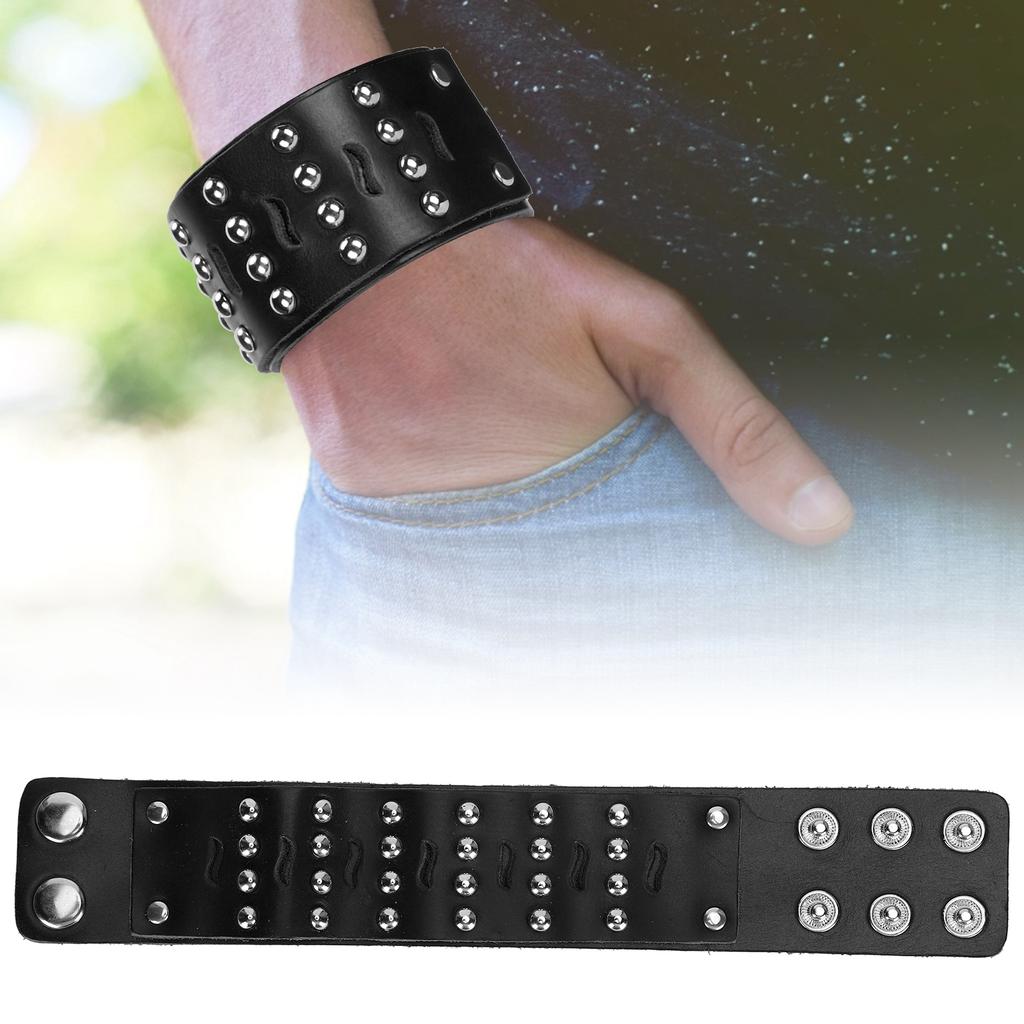   Bracelet Split Leather   Snap Button Rivet   Vintage Wrist Jewelry(Black )