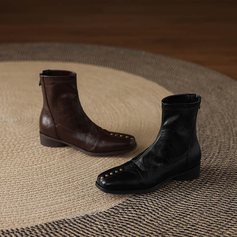 Krazing Pot Microfiber Winter Square Toe Modern Size 33 Boots Size 43 Metal Rivets Med Heels Zipper Women Ankle Boots