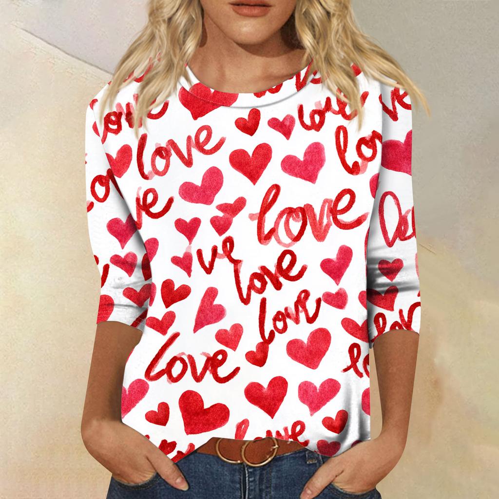 Damen Modisches Lässiges Dreiviertelarm Valentinstag-Druck Rundhals Pullover-Oberteil