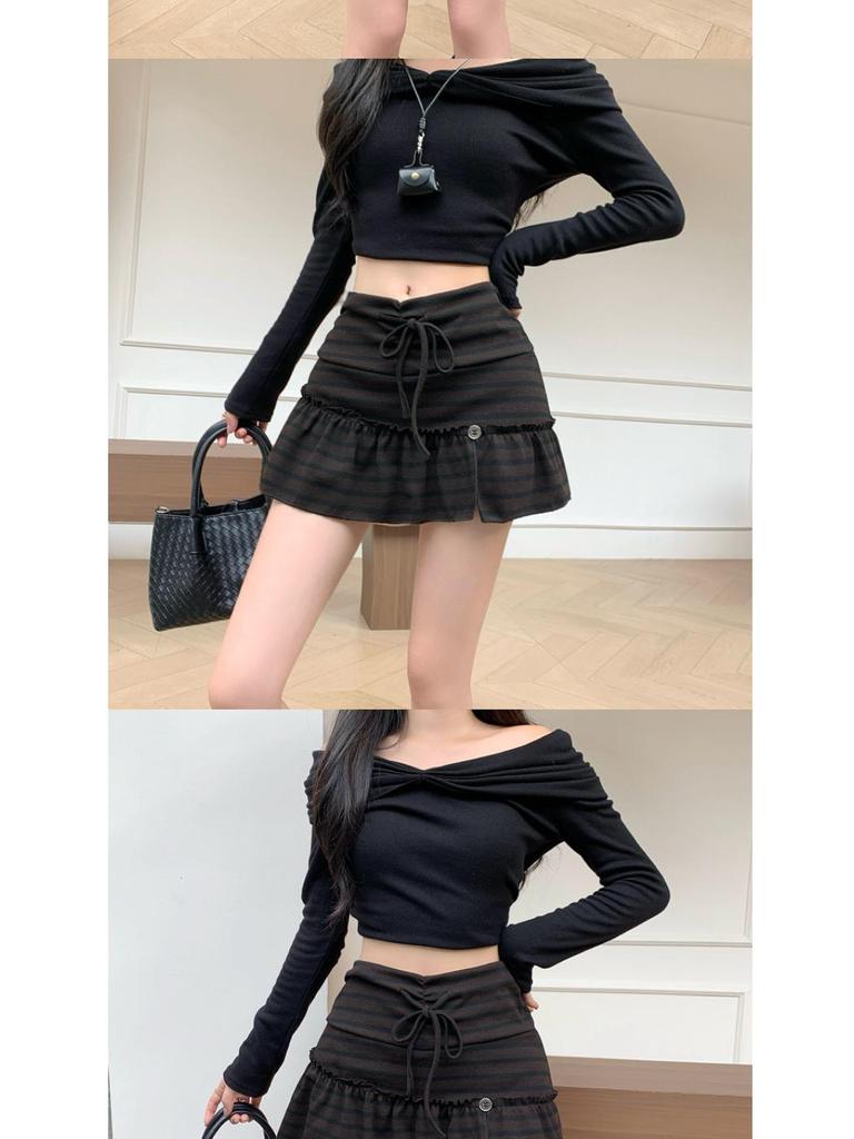 2025 Herbst-Winter Damen Retro Gestreifte Kordelzug Schichtrockhose mit Elastischem Bund