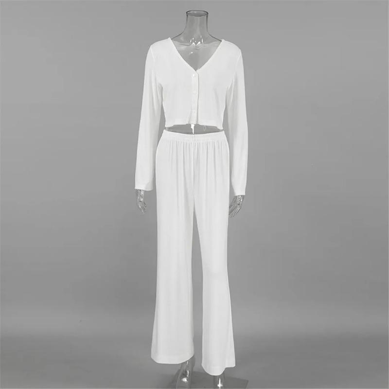 Causal Solid V Neck T-shirt Pants Suit Long Sleeve Crop Top Elastic Waist Wide Leg Pant Sets Spring Homewear Outfit
