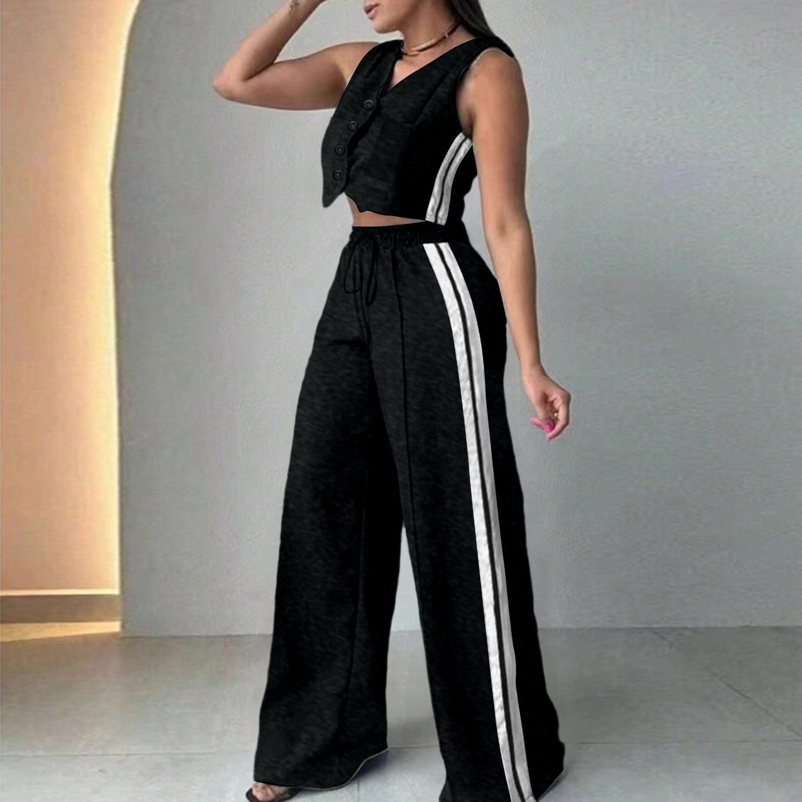 Женский повседневный модный комплект из двух предметов: безрукавка и брюки, разных цветов L чёрный