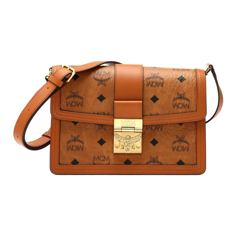 Neue MCM Tracy Visetos beschichtete Canvas mit Lederbesatz Umhängetasche Klein Damen Cognac MWSCAXT01CO001