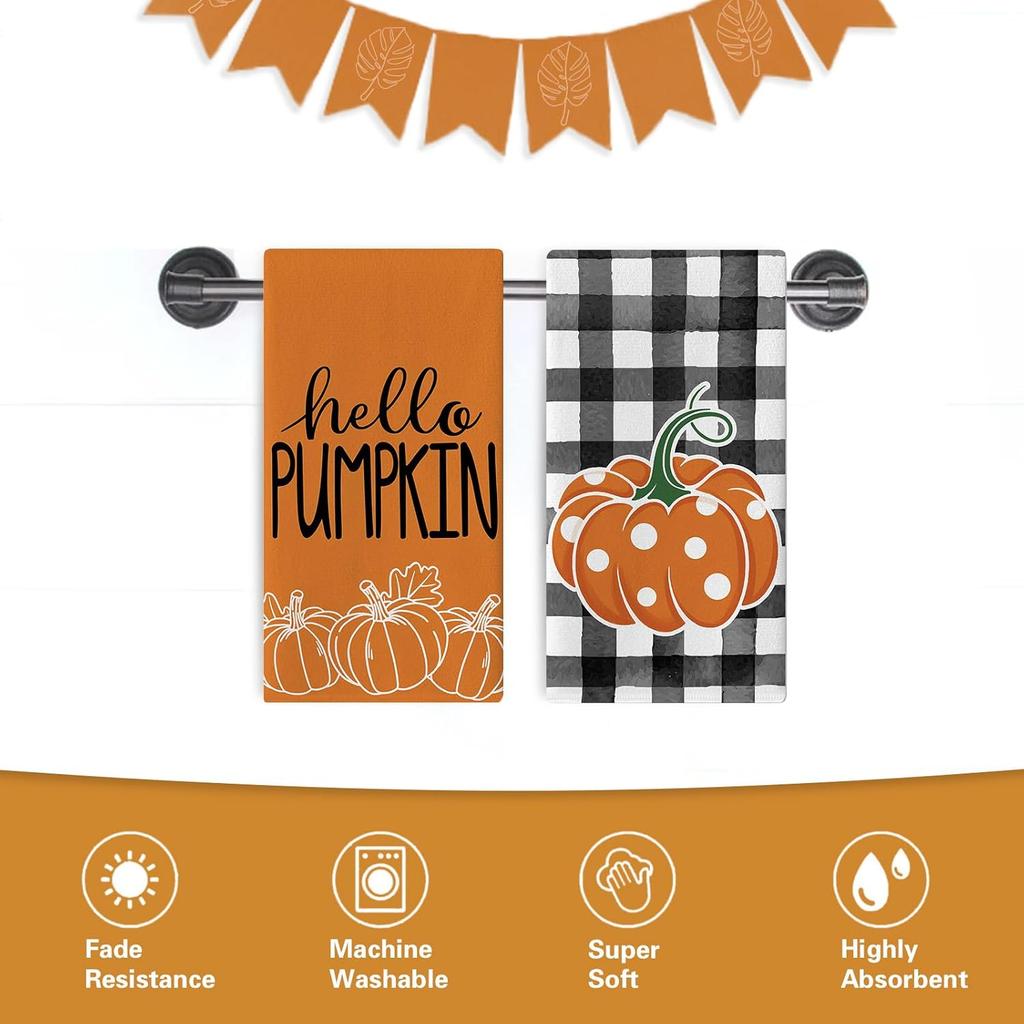 Fall Hello Pumpkin Kitchen Dish Towels Set of 2, Autumn Thanksgiving Buffalo Plaid Drying Hand Towel Baking Cooking Cloth, Polka Dots Seasonal