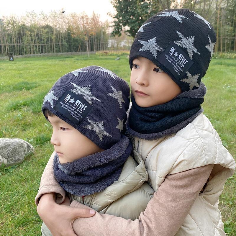 Versione coreana cappello di lana per bambini a cinque stelle ragazzi e ragazze acrilico set cappello e sciarpa caldo sport all'aria aperta cappello lavorato a maglia