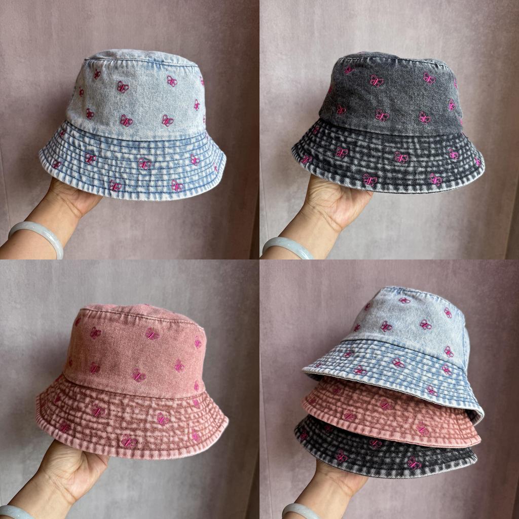 Bucket Summer Sunshade Hat Cotton Denim Material And Embroidered Cartoon Women
