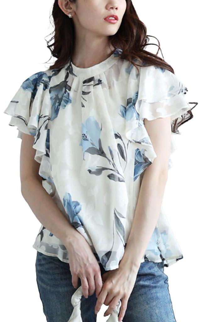 Gold Japan Plus Size Short Sleeve Floral Lace Blouse with Tucked Gathers and Size Women's Top, Ruffles, Sheer, Spring/Summer/Autumn, 3L, Blue,