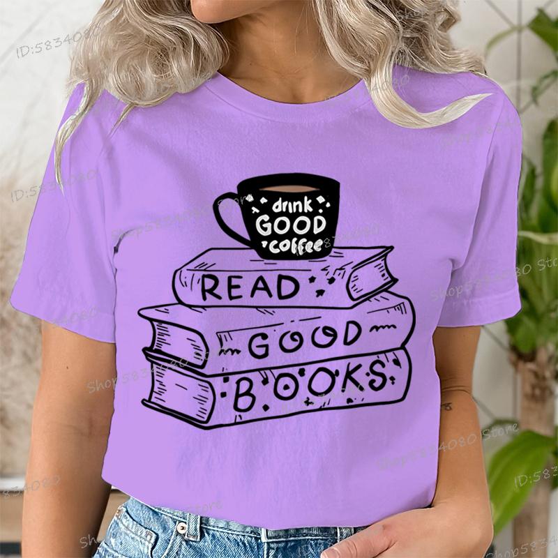 Casual Vintage Book Coffee T Shirt Women Trendy Bookish Short Sleeve Tshirt Book Lover Party Gift Coffee Lover Summer Clothes