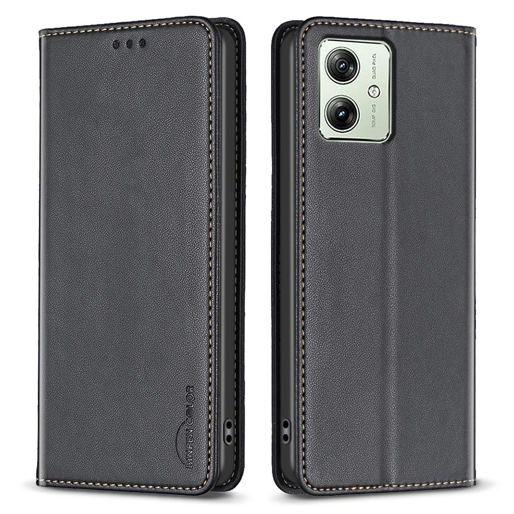 

BINFEN COLOR BF18 For Motorola Moto G54 5G Leather Cover Card Holder Stand Phone Case Black
