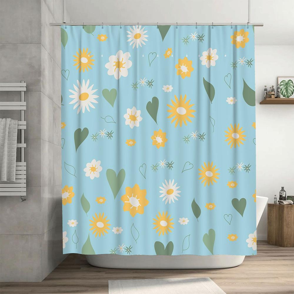 Delightful Floral Shower Curtain Bright Sunshine Hearts Design For Bathroom Decor Blue Yellow Green White Home Decor Waterproof