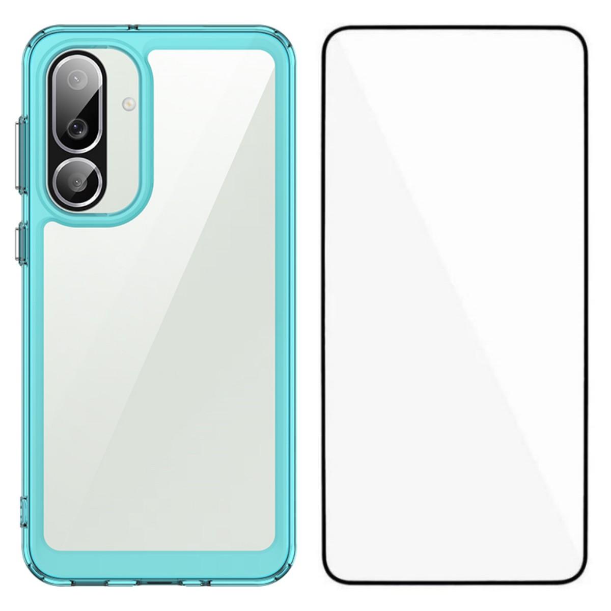 

For Samsung Galaxy M56 5G Phone Case WANLONFENG XC Series TPU Acrylic Cover with Tempered Glass (Big Lens Hole) Transparent Blue