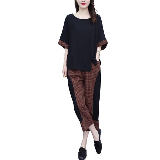 2 Pcs/Set Women T-shirt Pants Set Elastic Waist Round Neck Daily Wear Patchwork Cropped Pants Lady Summer Outfit Female Clothes
