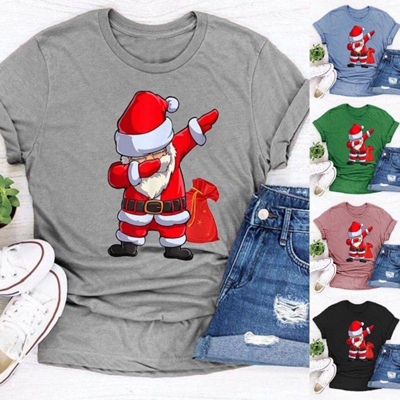 Women Santa Claus Dabbing Print T-shirt Soft Comfortable Christmas Short Sleeve Tee