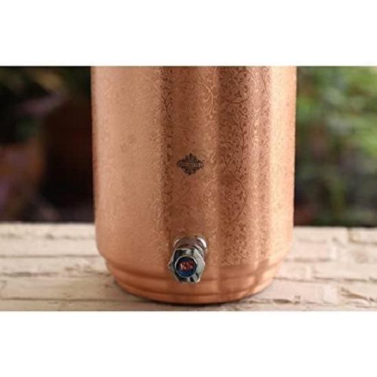 Copper Water Pot, Embossed Finish Design with Brass Tap & Stand, Storage & Serving Water, Volume- 5 Liters