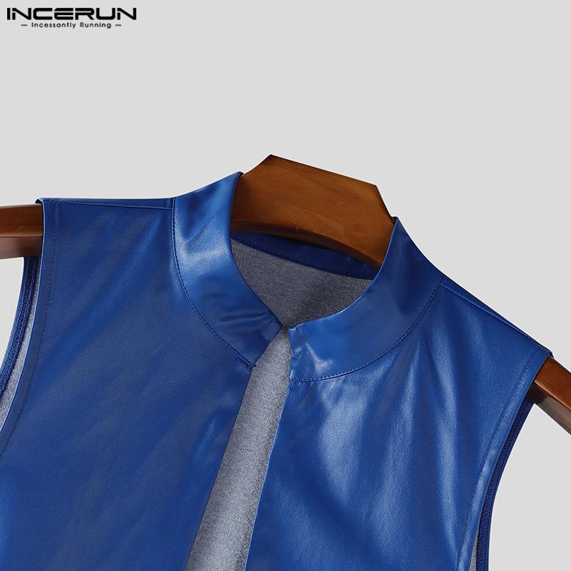 INCERUN Men Stand Collar Sleeveless PU Open Front Faux Leather Long Maxi Cardigan Coats