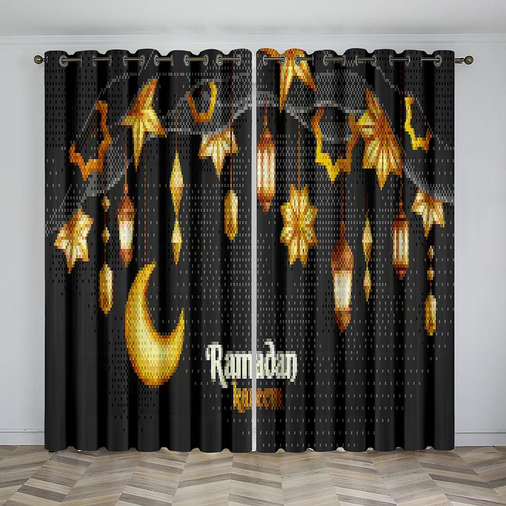 Cheap Gold Black Boho Ramadan Lslamic Muslim Kareem Thin Window Curtain for Living Room Bedroom Decor 2 Pieces Free Shipping