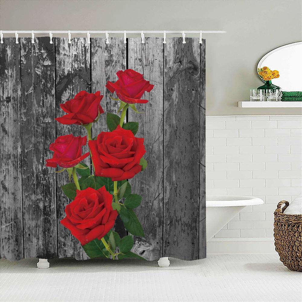 Red Rose Bath Curtain Waterproof Shower Curtains Polyester Flowers Romance Love Bath Screen Printed Curtain For Bathroom Decor