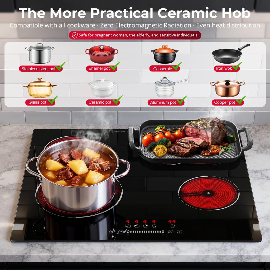 60 cm Glass Ceramic Hob 4 Plates, 4 Hobs with Oval Zone and Tri-Circle Zone, 6700 W Hob 4 Plates 59 Cm, 9 Heat Settings, Touch