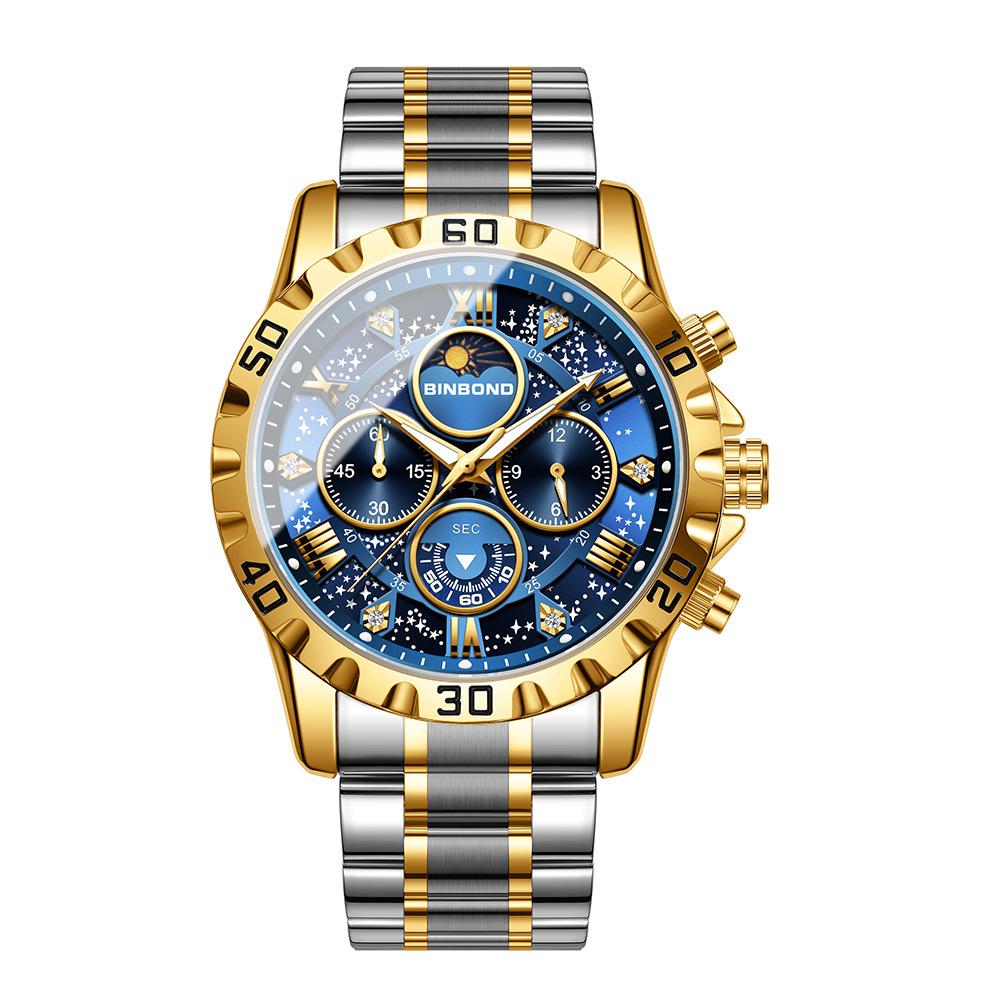 BINBOND Men's Luminous Stainless Steel Moon Phase Quartz Watch