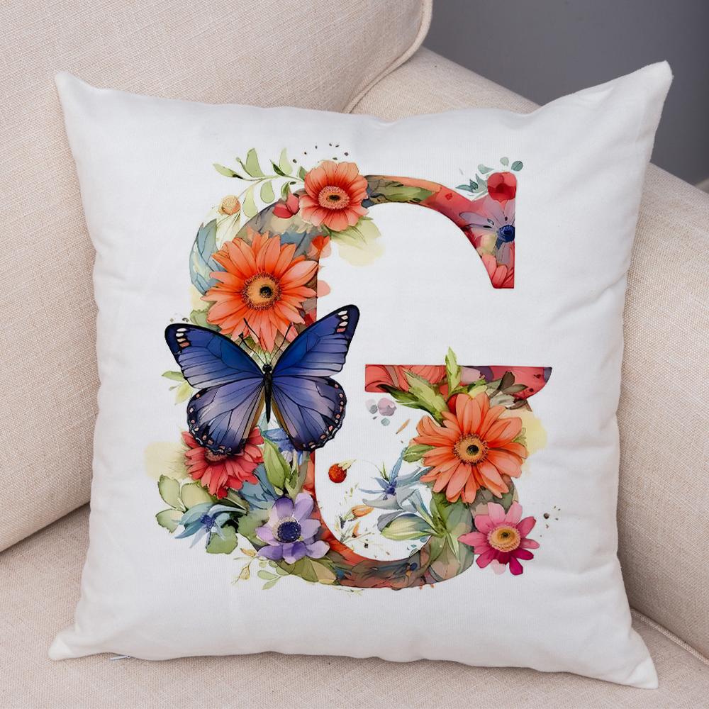 Floral Letter J Pillowcase Double Print Watercolor Letter U Cushion Cover Soft Plush Flower Letter D Pillowcase for Sofa Home