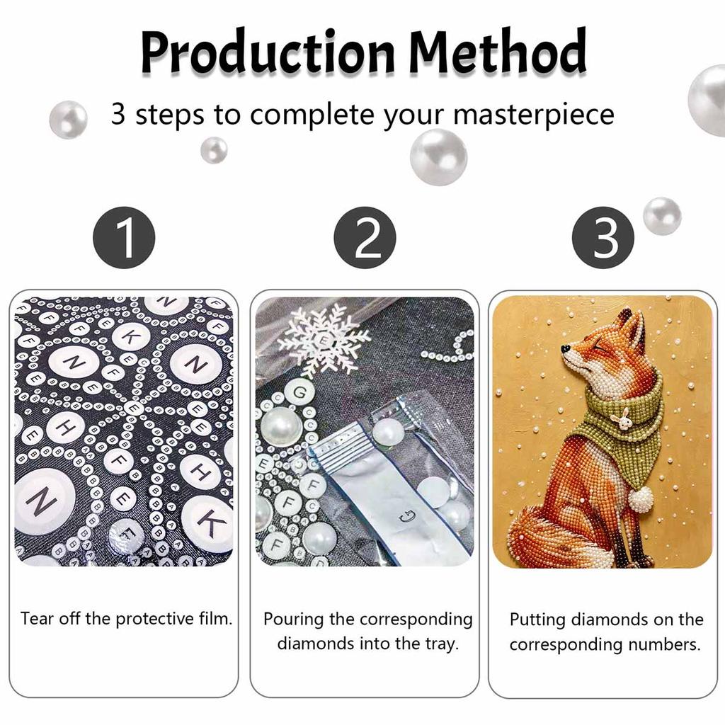 Easy DIY Framed Pearl Bead Painting Kit with Scarf Wearing Fox 3D Sparkling Canvas Art for Home Decoration Gift Idea for Winter Holiday Decor
