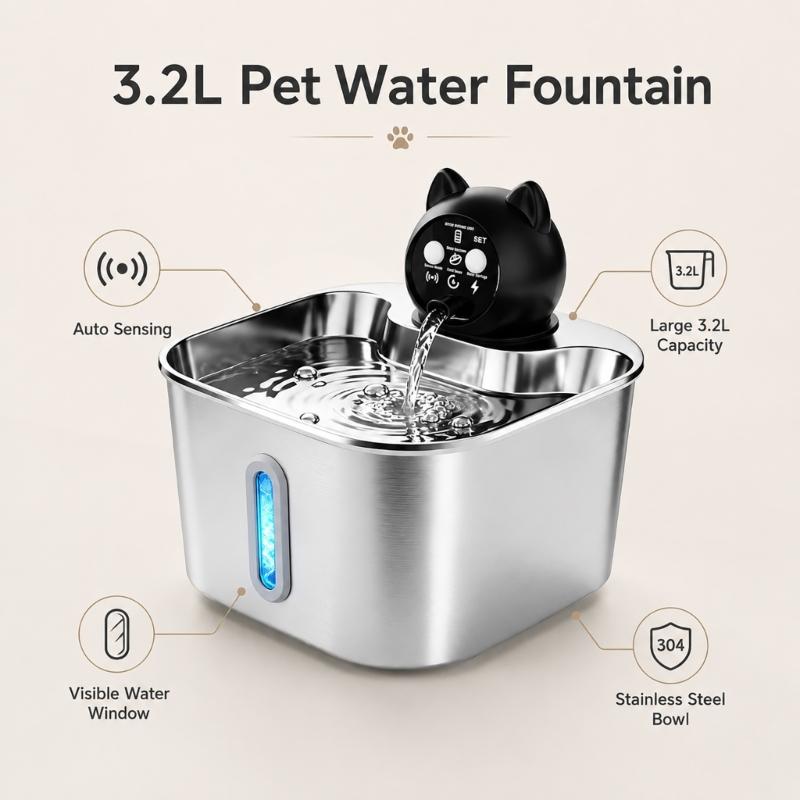 Pet Fountain Motion Activated Waterer for Small Kitten Animal Households, 3.2 L Indoor Drinking Fountain with Metal Bowl for Routine Household Use