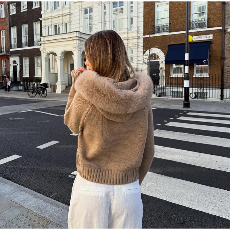 Long-sleeved Fur Collar Hooded Sweater Autumn and Winter Inner and Outer Wear Dual-purpose Ladies Solid Color Zipper Blouse Slim Knit Ladies Cardigan