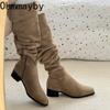 Winter Pleated Women Mordern Long Boots Street Style Thick Heels Party Female Stretch Slim Knee High Shoes