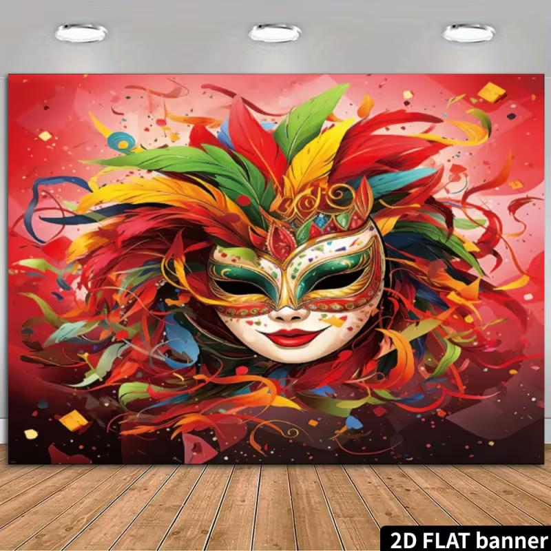 

2D Carnival Mask Backdrop - Vibrant Feather Mask Banner for Mardi Gras & Costume Party Photoshoot 47.2x31.5inch/120*80cm