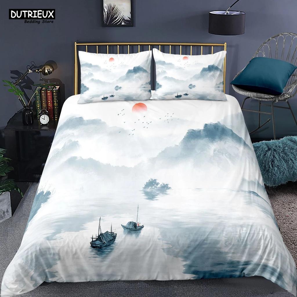 Chinese Style Landscape Bedding Set Plum Blossom Duvet Cover Sets With Pillowcase Duvet Cover Comforter Sets
