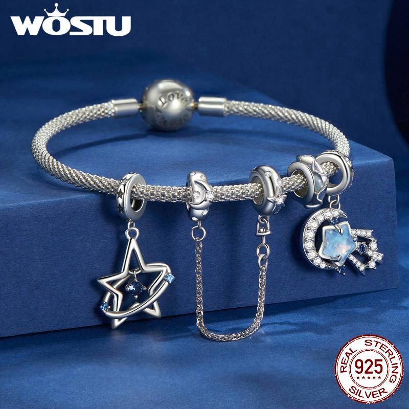 WOSTU 925 Sterling Silver Rainbow Moonstone Star Astronaut Charms pendants Dreamy Star Beads Fit Original Bracelet DIY Necklace