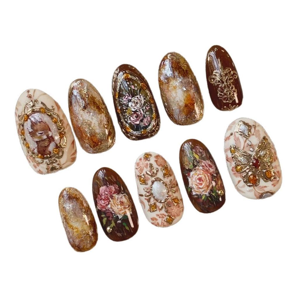 24pcs Amber Rose False Nails Press On Nails With Oil Paint Flower Designs Long Almond Elegant Sizzy Autumn Fake Nails Wearable