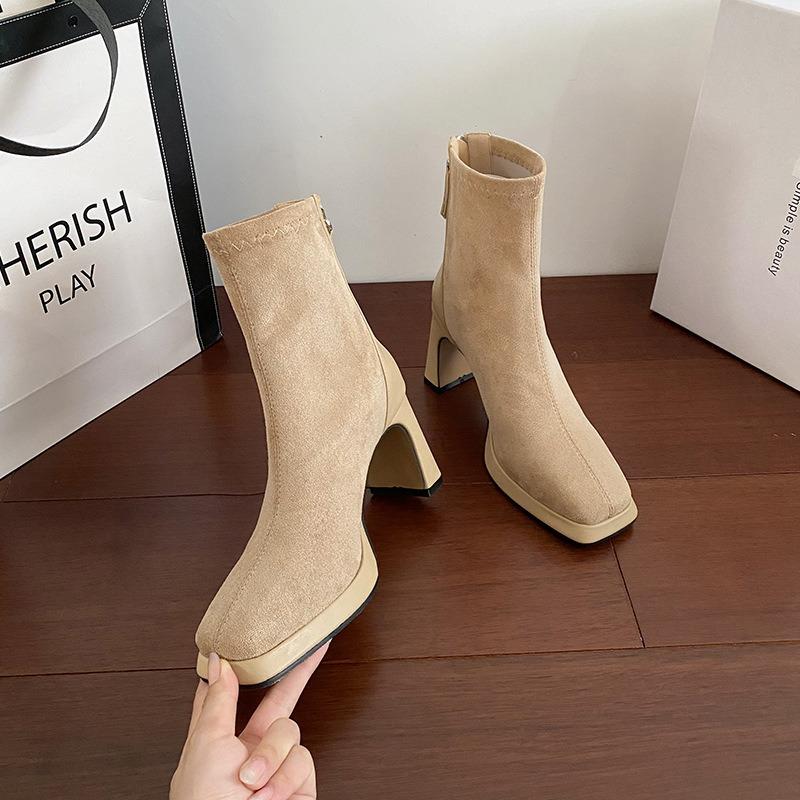 Waterproof Table High Heels Autumn and Winter New Suede Short Boots Thick Heel Thin Boots Black Square Head Short Boots Women
