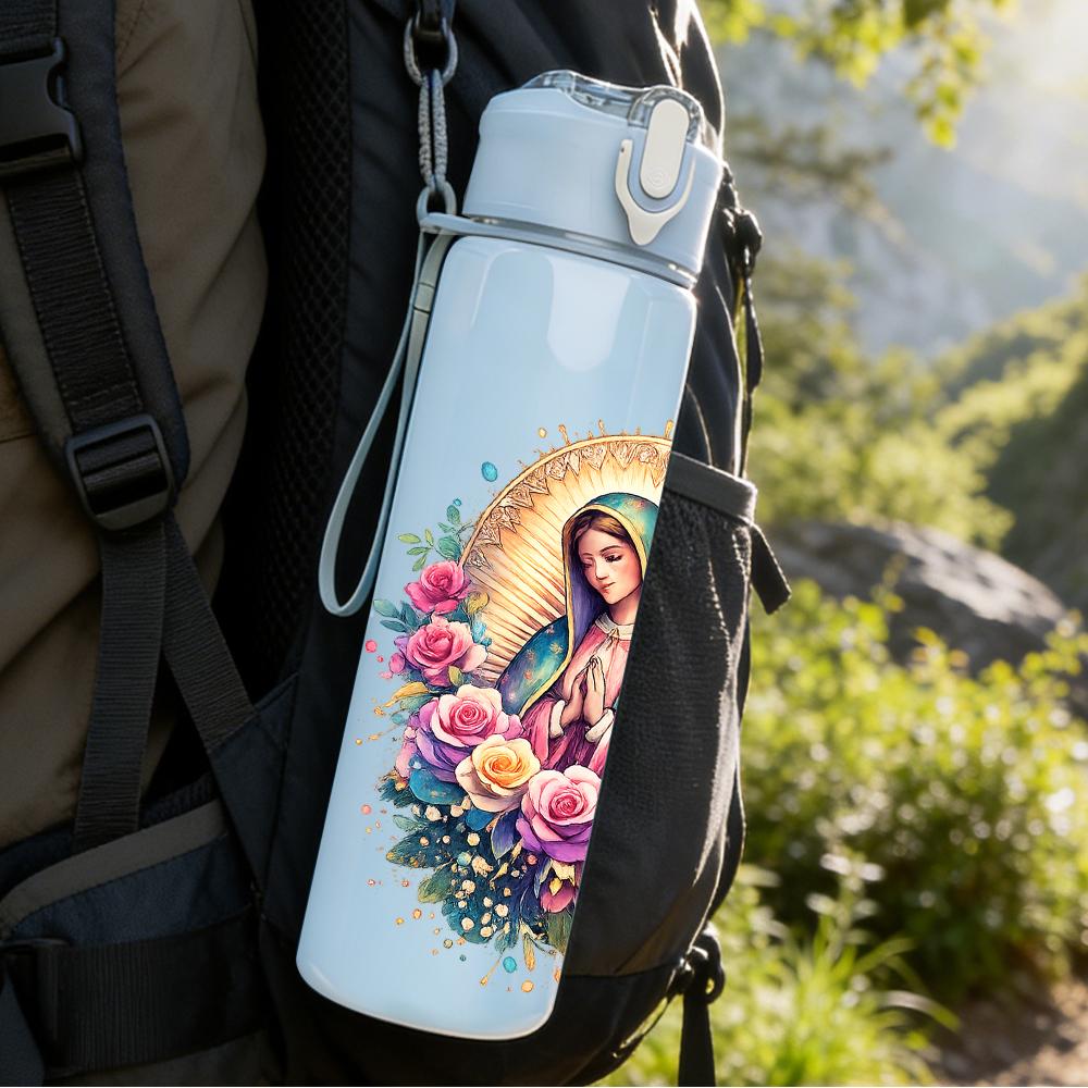 1 Stück Blumiger runder Kranz Jungfrau Maria 750 ml Farbe Kunststoff-Wasserflasche Auslaufsicherer Klappdeckel mit Strohhalm Für Sport Büro Heimgebrauch